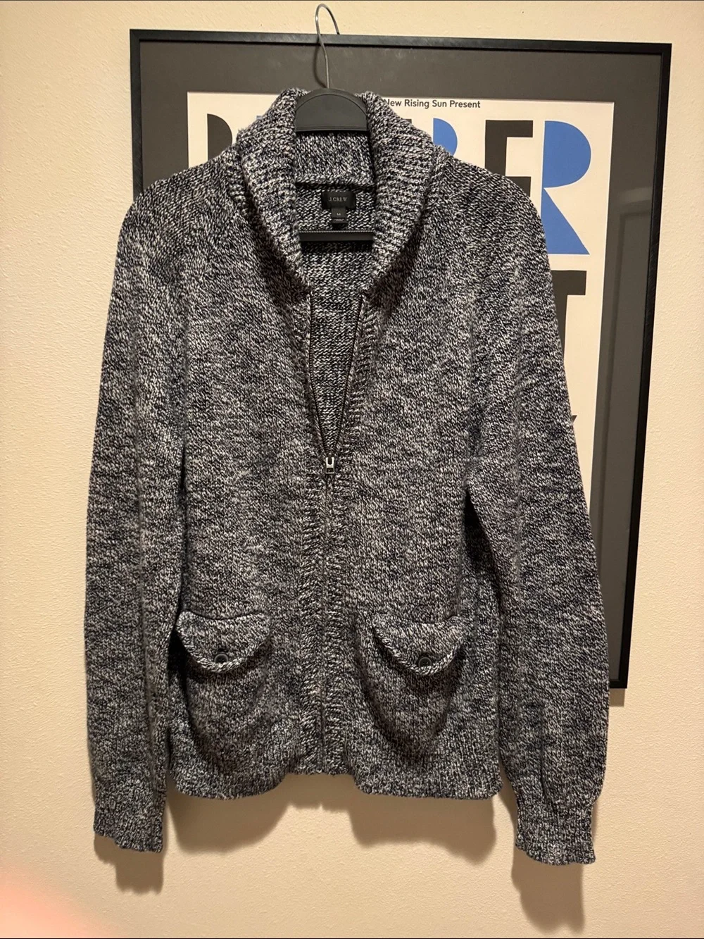 J. Crew Men's Navy and Gray Marled Zip-Up Shawl Collar Sweater